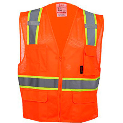 GSS Safety 1502 Multi-Purpose Class 2 Two Tone Mesh Zipper 6 Pockets Vest, Orange, 2XL