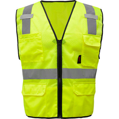 GSS Safety 1505 Multi-Purpose Class 2 Mesh Zipper 6 Pockets Safety Vest, Lime, Medium