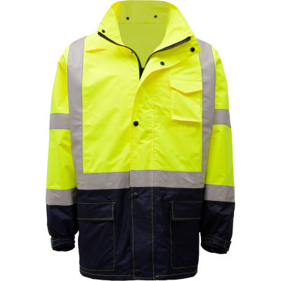GSS Safety 6003 Class 3 Premium Hooded Rain Coat, Lime with Black Bottom, S/M