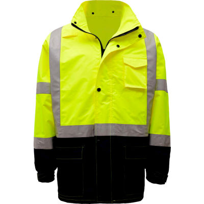 GSS Safety 6003 Class 3 Premium Hooded Rain Coat, Lime with Black Bottom, L/XL