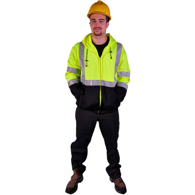 GSS Safety 7003 Class 3 Zipper Front Hooded Sweatshirt with Black Bottom, Lime, 3XL