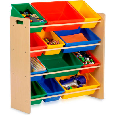 Kids Storage Organizer With 12 Assorted Bins, Natural, 33-1/4"W x 12-1/2"D x 36"H
