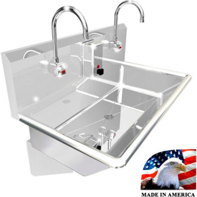 BSM Inc. Stainless Steel Sink, 2 Stations w/Electronic Faucets, Wall Mounted 36" L X 20" W X 8" D