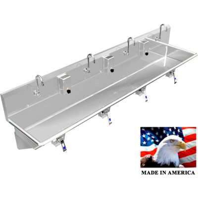 BSM Inc. Stainless Steel Sink, 4 User w/Knee Valve Operated Valves Wall Mounted 84" L X 20" W X 8" D