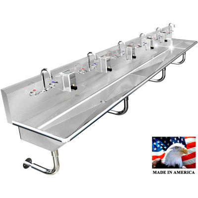 BSM Inc. Stainless Steel Sink, 6 Stations w/Manual Faucets, Round Tube Mounted 132" L X 20" W X 8" D