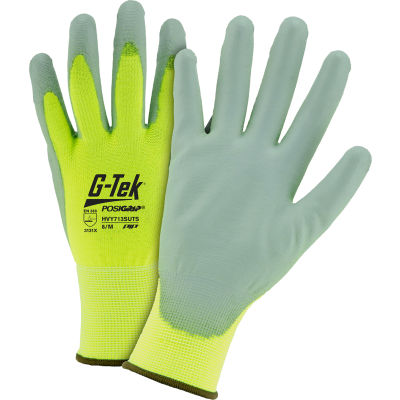 Touch Screen Hi Vis Yellow Nylon Shell Coated Gloves, Gray PU Palm Coat, Small - Pkg Qty 12