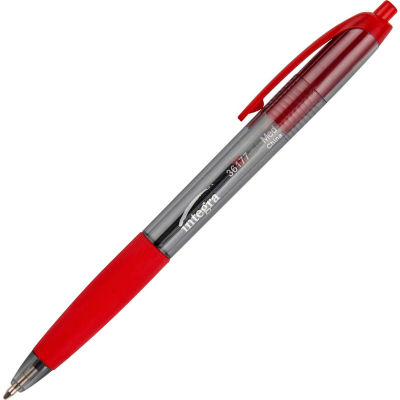 Integra™ Rubber Grip Retractable Pen, Non-Refillable, Medium, Red Barrel/Ink, Dozen