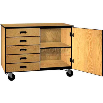 Mobile Wood Cabinet, Five Drawers, 1 Shelf, Solid Doors, 48 x 22-1/4 x 36,Maple/Black