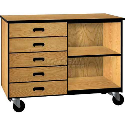 wood cabinet mobile drawers shelf five natural open globalindustrial oak brown