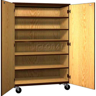 Mobile Wood General Storage Cabinet, w/Locks, Solid Door, 48"W x 22-1/4"D x 72"H, Natural Oak/Brown