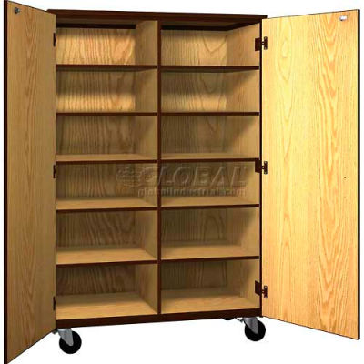 Mobile Wood Cubicle Cabinet, 10 Shelves w/Locks, Solid Door, 48 x 22-1/4 x 72, Dixie Oak/Brown