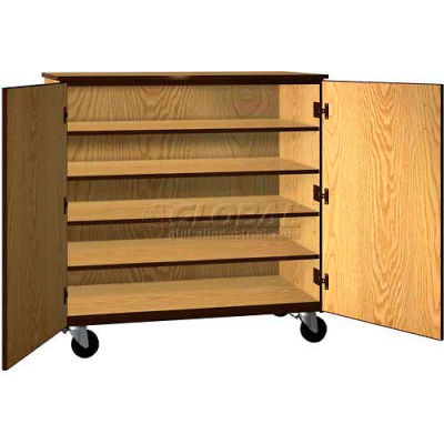 Tote Tray Mobile Wood Cabinet, Solid Door, 48"W x 22-1/4"D x 42"H, Natural Oak/Brown