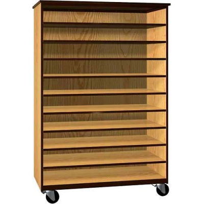 Tote Tray Mobile Wood Cabinet, Open Front, 48"W x 22-1/4"D x 72"H, Maple/Black