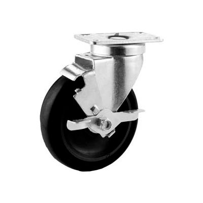 GD Swivel Plate Caster 4" Poly Wheel Total Lock Brake, Delrin Bearing, 2-1/2"x3-5/8" Plate, Black