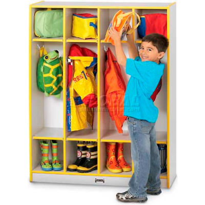 Jonti-Craft® Kid Coat Locker, 4 Wide, 39"W x 15"D x 50-1/2"H, Gray Laminate, Black Edge