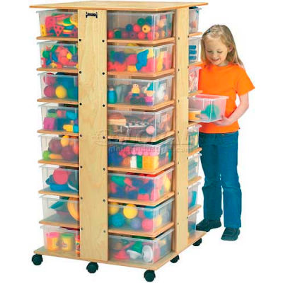 Jonti-Craft® 32 Cubbie Mobile Tower With Clear Tubs, 27"W x 27"D x 53-3/4"H, Birch Plywood