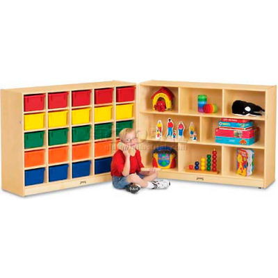 Jonti-Craft® 25 Cubbie Mobile Fold-N-Lock With Colored Trays, 96"Wx15"Dx35-1/2"H, Birch Plywood