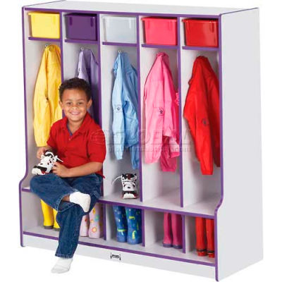 Jonti-Craft® Kid Seat Coat Locker,5 Wide, 48"W x 17-1/2"D x 50-1/2"H, Gray Laminate, Black Edge