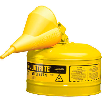 Justrite® Type I Steel Safety Can With Funnel, 2.5 Gal. (9.5L), Self-Close Lid, Yellow, 7125210