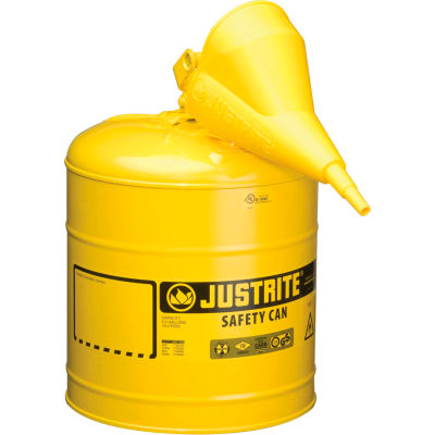 Justrite® Type I Steel Safety Can With Funnel, 5 Gallon (19L), Self-Close Lid, Yellow, 7150210