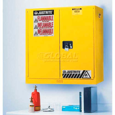 Justrite 17 Gallon 2 Door, Manual, Wall Mount, Flammable Cabinet, 43"W x 18"D x 24"H, Yellow