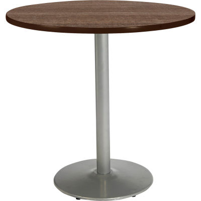 KFI 42" x 36"H Round Counter Height Pedestal Table - Studio Teak Top - Round Silver Base