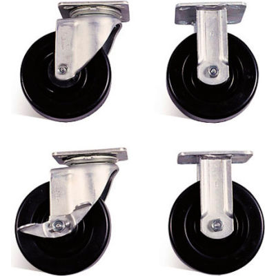 Knaack 695 6" Caster Set w/ Brakes, Solid Polypropylene HD, Black/Silver