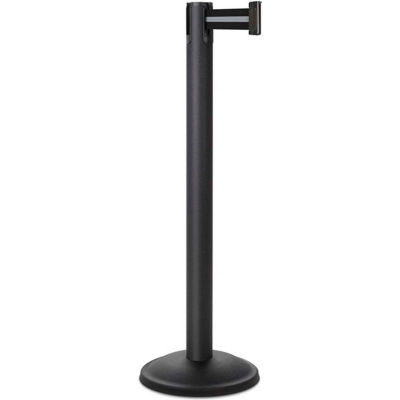 Lavi Industries Basic Retractable Belt Barrier, 38-1/2" Black Wrinkle Post, 7' Silver/Black Belt