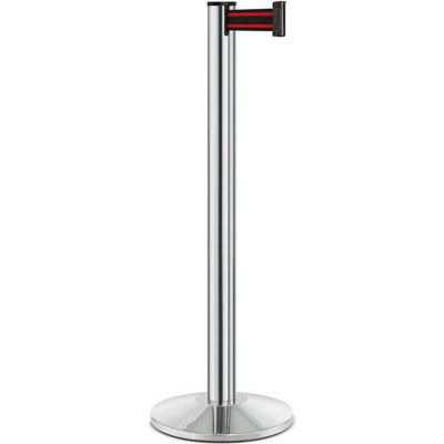 Lavi Industries Beltrac® Retractable Belt Barrier, 40" Chrome Post, 7' Black/Red Belt