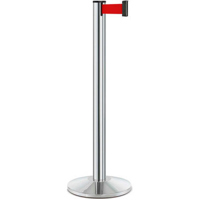 Lavi Industries Beltrac® Retractable Belt Barrier, 40" Chrome Post, 7' Red Belt