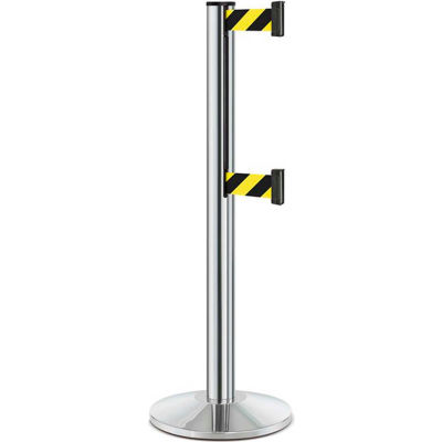 Lavi Industries Beltrac 3000 Crowd Control, 40"H Chrome Post, 7'L Safety Black/Yellow Double Belt
