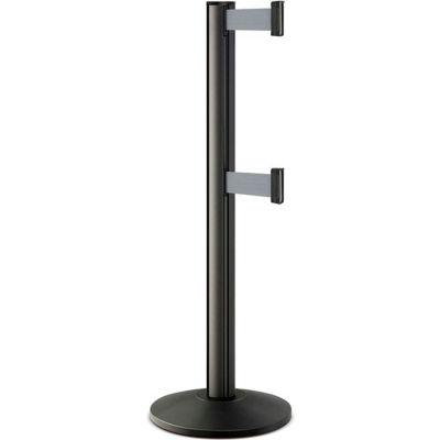 Lavi Industries Beltrac® Retractable Dual Belt Barrier, 40" Black Wrinkle Post, 7' Gray Belt