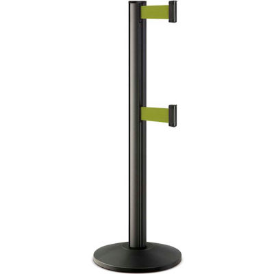 Lavi Industries Beltrac® Retractable Dual Belt Barrier, 40" Black Wrinkle Post, 7' Olive Belt