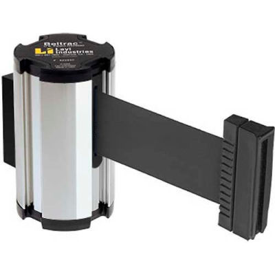 Lavi Industries Chrome Aisle Closure Wall Mount, 7'L Black Retractable Belt Barrier
