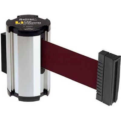 Lavi Industries Chrome Aisle Closure Wall Mount, 7'L Burgundy Retractable Belt Barrier