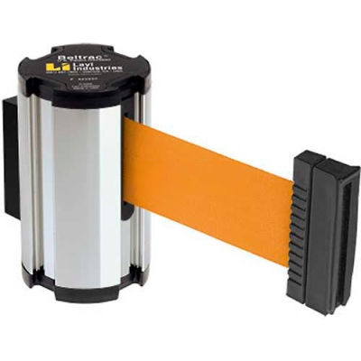 Lavi Industries Chrome Aisle Closure Wall Mount, 7'L Orange Retractable Belt Barrier