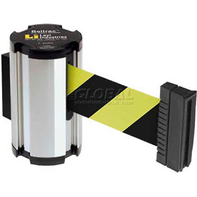 Lavi Industries Chrome Aisle Closure Wall Mount, 7'L Safety Black/Yellow Retractable Belt Barrier
