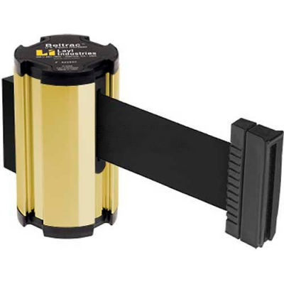 Lavi Industries Gold Anodized Aisle Closure Wall Mount, 7'L Black Retractable Belt Barrier