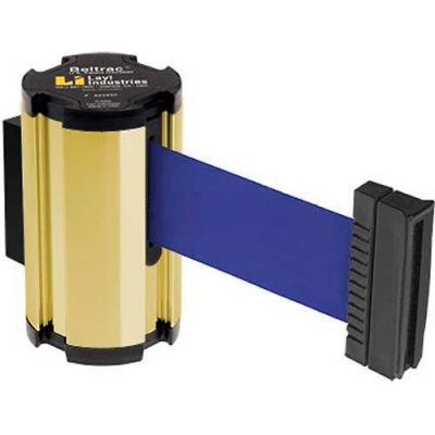 Lavi Industries Gold Anodized Aisle Closure Wall Mount, 7'L Blue Retractable Belt Barrier
