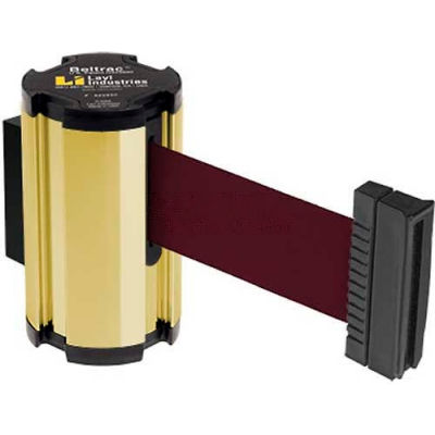 Lavi Industries Gold Anodized Aisle Closure Wall Mount, 7'L Burgundy Retractable Belt Barrier