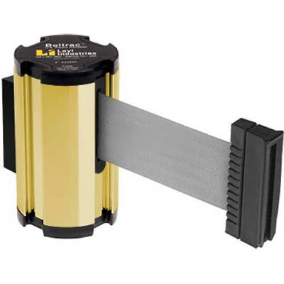 Lavi Industries Gold Anodized Aisle Closure Wall Mount, 7'L Gray Retractable Belt Barrier