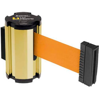 Lavi Industries Gold Anodized Aisle Closure Wall Mount, 7'L Orange Retractable Belt Barrier