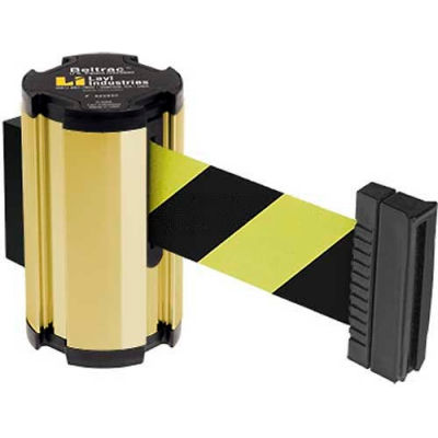 Lavi Industries Gold Anodized Aisle Closure Wall Mount, 7'L Safety Black/Yellow Retractable Belt