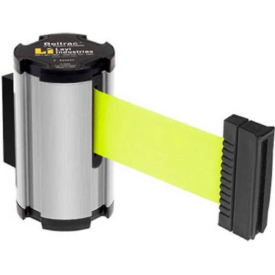 Lavi Industries Satin Aisle Closure Wall Mount, 7'L Florescent Yellow Retractable Belt Barrier