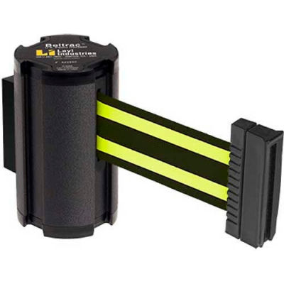 Lavi Industries Black Aisle Closure Wall Mount, 7'L Black/Neon Yellow Retractable Belt Barrier