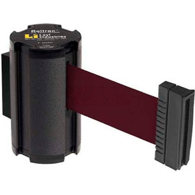 Lavi Industries Black Aisle Closure Wall Mount, 7'L Burgundy Retractable Belt Barrier