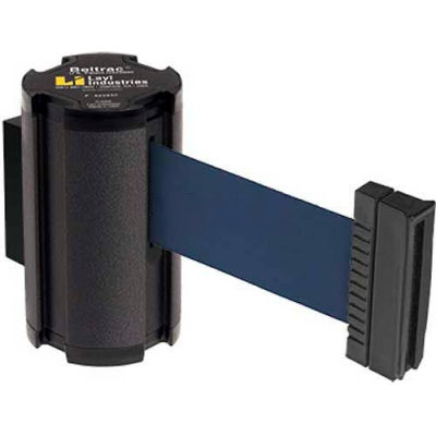Lavi Industries Black Aisle Closure Wall Mount, 7'L Navy Blue Retractable Belt Barrier