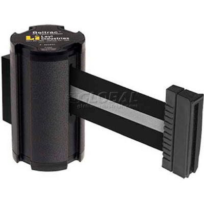 Lavi Industries Black Aisle Closure Wall Mount, 7'L Silver/Black Retractable Belt Barrier