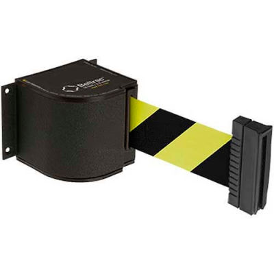 Lavi Industries Wrinkle Black Wall Mount, 18'L Safety Black/Yellow Retractable Belt Barrier