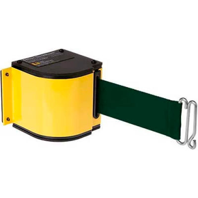 Lavi Industries Yellow Quick Mount Barricade, 18'L Forest Green Retractable Belt, Universal Mount